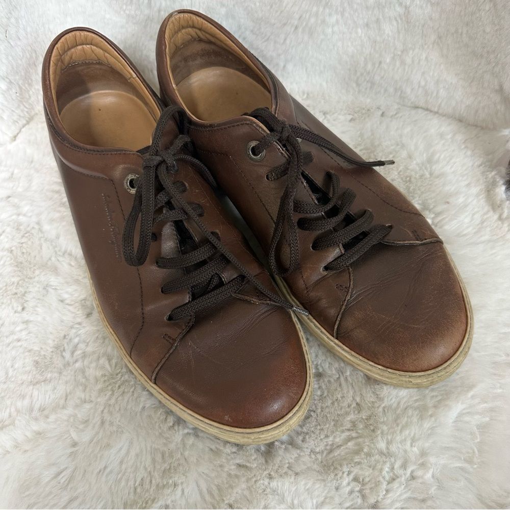 Salvatore Ferragamo Brown Newport Casual Sneakers Leather Lace Up Sneakers 8 View 2